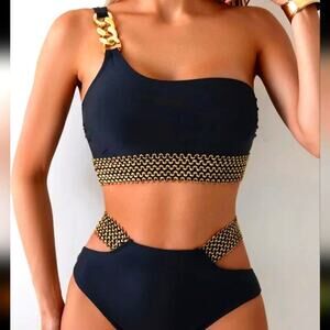 Black 2-piece bikini with gold fabric and sequin trim, one shoulder, high waist
